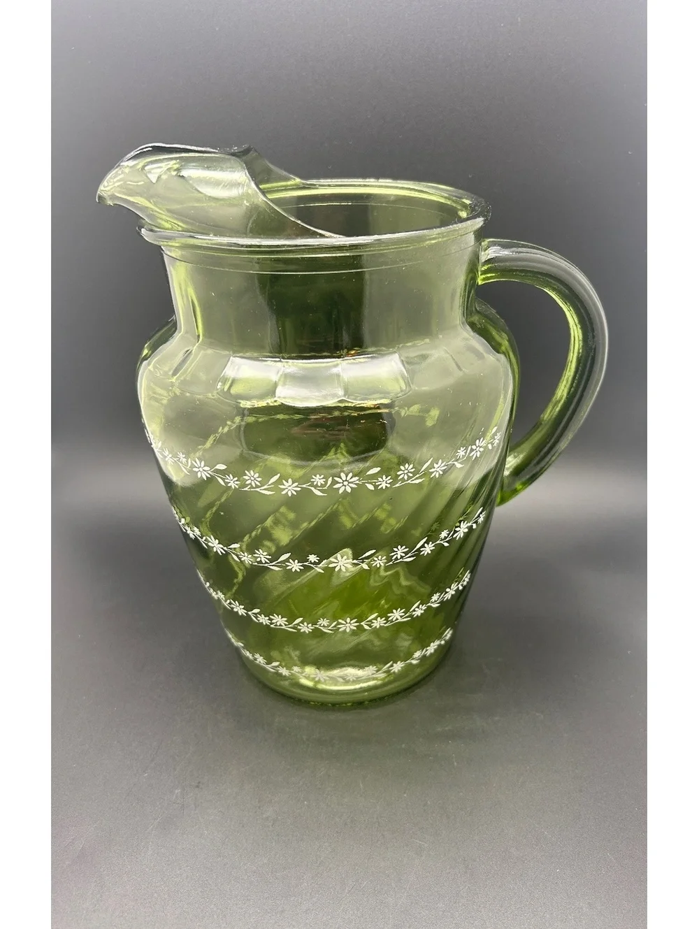 Vintage Avocado Green Glass Pitcher with White Daisies - Optic Swirl